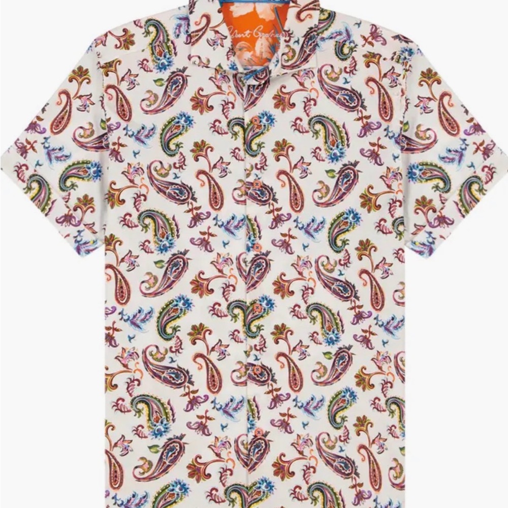 NWT Robert Graham Tangier Paisley Short Sleeve Stretch Cotton Button-Up L